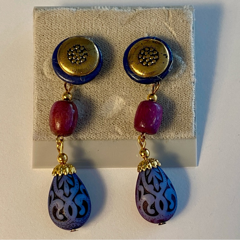 Purple and Blue Beaded Earrings with Gold Tones - Vintage, New with Tags